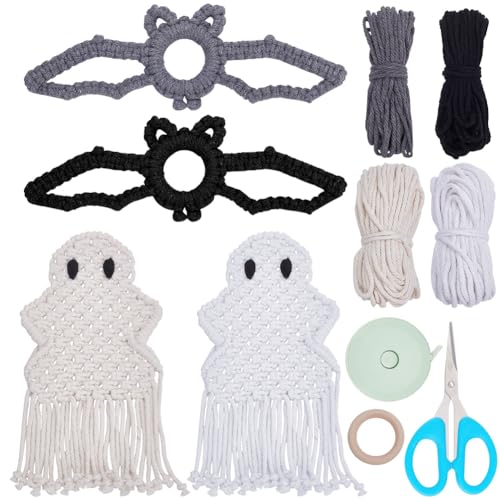 FREEBLOSS 4 Set Makramee Fledermaus Hängeornament, Makramee Hängeornament, Boho Dekor, Halloween Geist, Halloween Dekorationen, Halloween Party Dekorationen, Makramee Set Für Anfänger von FREEBLOSS