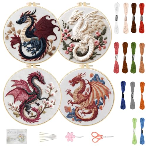 FREEBLOSS 4 Set Mit 11.6" Sticksets Für Anfänger Nadelspitzen Stickerei Starter Set Mit Drachen Stempelmustern Anleitung Farbige Fäden 2 Reifen von FREEBLOSS