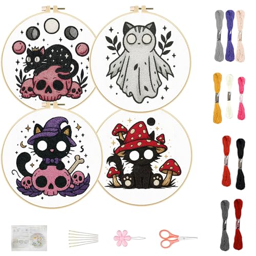 FREEBLOSS 4 Set Mit 11.6" Sticksets Für Anfänger Nadelspitzen Stickerei Starter Set Mit Halloween Stempelmustern Anleitung Farbige Fäden 2 Reifen von FREEBLOSS
