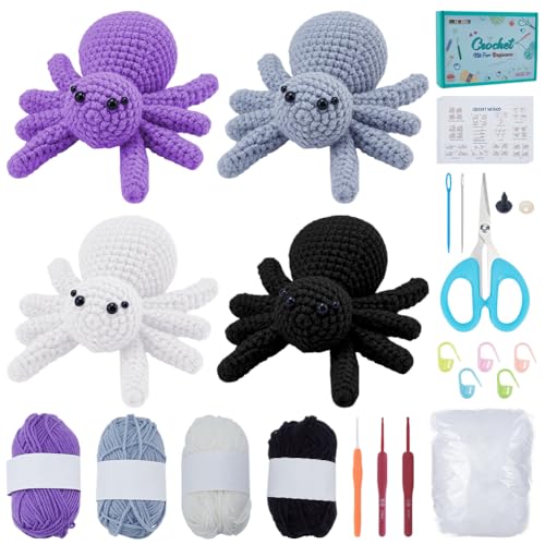 FREEBLOSS 4 Set Spinne Häkelset für Anfänger Halloween Spinne Dekorationen Häkelset Basteln für Erwachsene mit Schritt-für-Schritt-Video-Tutorials Garn zum Häkeln von FREEBLOSS