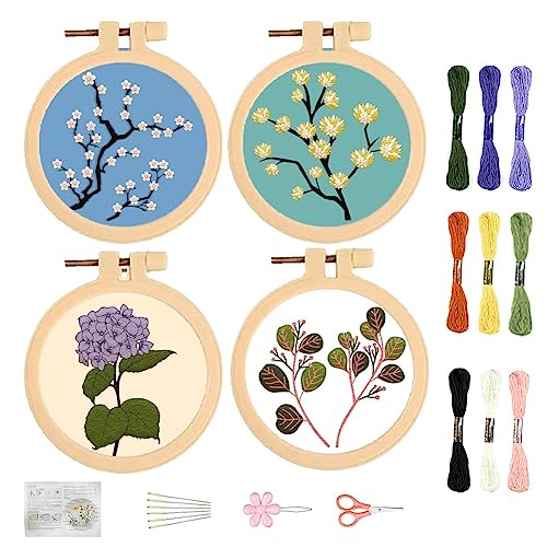 FREEBLOSS 4 Set Sticken Set Erwachsene Stickerei Starter Kit Sticken für Anfänger Blümchenmuster Kreuzstich Set Sticken Set Erwachsene Anfänger Embroidery Kit für Geschenk von FREEBLOSS