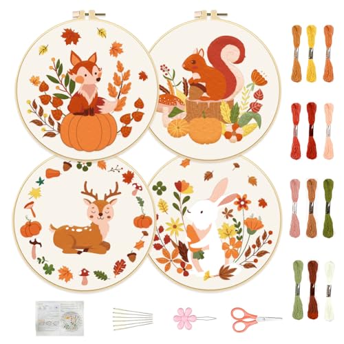 FREEBLOSS 4 Set Sticksets Für Anfänger Mit Tier- Und Pflanzenmuster, Stick-Starter-Kits, Hobbys Für Erwachsene Frauen, Inklusive Stoff Mit Farbigen Fäden, Nadeln, 8'' Reifen Und Anleitung von FREEBLOSS