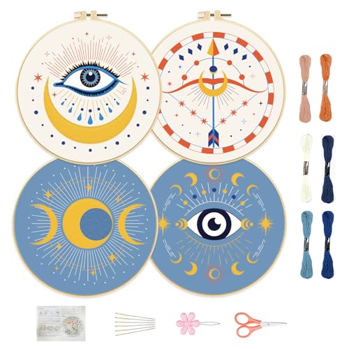 FREEBLOSS 4er Set 8'' Augen und Mond Stickerei Kits für Anfänger, Komplettes Angebot an Sticksets zum Lernen DIY Needlepoint Kits mit Stickrahmen und Stoff, Farbgarnen und Anleitungen von FREEBLOSS