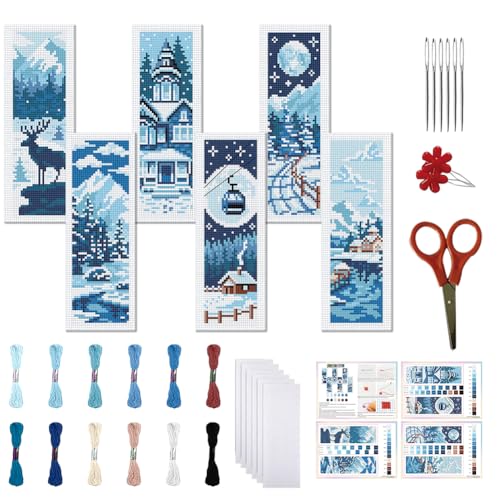 FREEBLOSS 6 Kreuzstich Lesezeichen Set Für Erwachsene Anfänger Gestempelte Schneelandschaft Kreuzstich Sets Stick Lesezeichen Bastelset Mit Anleitung als Geschenk 11CT 8"X2.4" von FREEBLOSS