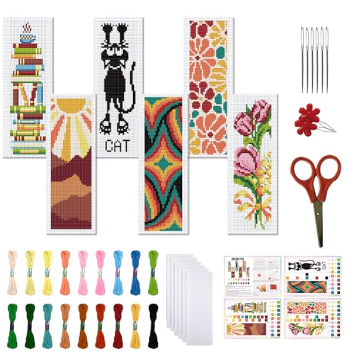 FREEBLOSS 6 PCS Kreuzstich Lesezeichen Set Für Anfänger Gestempeltes Kreuzstich Set DIY Stickerei Lesezeichen Mit Ausführlicher Anleitung 8" x 2.4" von FREEBLOSS