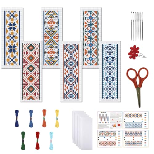 FREEBLOSS 6 PCS Kreuzstich Lesezeichen Set Für Anfänger Retro Muster Gestempeltes Kreuzstich Set DIY Stickerei Lesezeichen Mit Anleitung 8" x 2.4" von FREEBLOSS