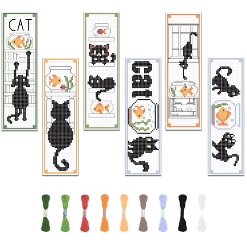 FREEBLOSS 6 Satz Lesezeichen Kreuzstich Kits Cartoon Katze Lesezeichen Kreuzstich Kit mit Anleitung Stickerei Lesezeichen Kit für Erwachsene Anfänger für Buchliebhaber Cross Stitch Set 6x20cm von FREEBLOSS