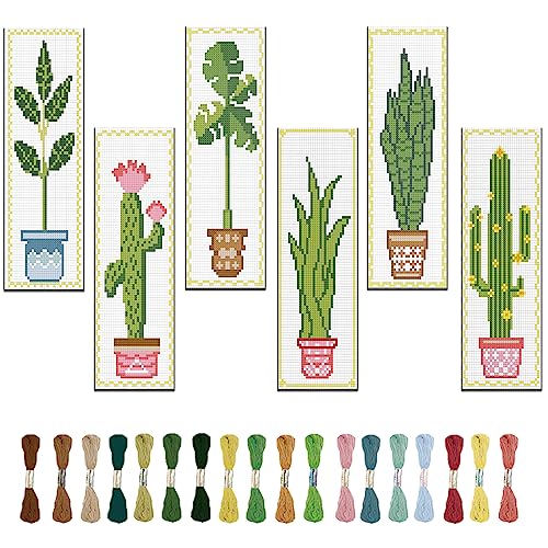 FREEBLOSS 6 Satz Stickerei Set Kreuzstich Set Kreuzstich Lesezeichen Stickerei Set Anfänger Kreuzstich Set Lesezeichen Bonsai Muster Cross Stitch Set mit Anleitung 6x20cm von FREEBLOSS