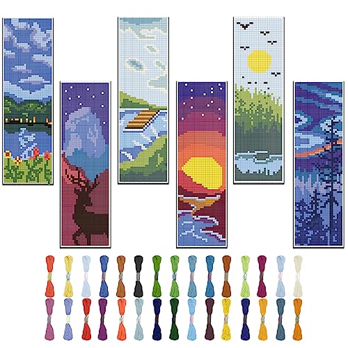 FREEBLOSS 6 Satz Stickerei Set Kreuzstich Set Kreuzstich Lesezeichen Stickerei Set Anfänger Kreuzstich Set Lesezeichen Landschaftsmotiv Cross Stitch Set mit Anleitung 6x20cm von FREEBLOSS