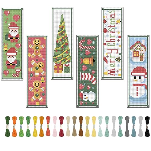 FREEBLOSS 6 Satz Stickerei Set Kreuzstich Set Kreuzstich Lesezeichen Stickerei Set Anfänger Kreuzstich Set Lesezeichen Weihnachtselemente Cross Stitch Set mit Anleitung 6x20cm von FREEBLOSS