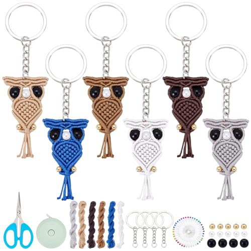 FREEBLOSS 6 Set DIY Makramee Eulen Set Makramee Eulen Schlüsselanhänger Makramee Set Für Anfänger Nylonschnur Makramee Eulen Schlüsselanhänger Anhänger DIY Makramee Schlüsselanhänger Set von FREEBLOSS