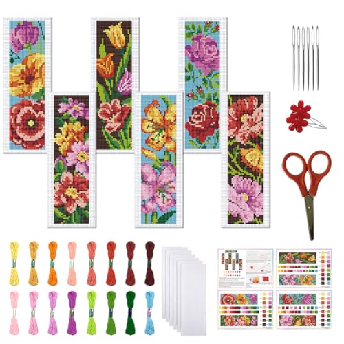 FREEBLOSS 6 Set Gestempeltes Kreuzstich Lesezeichen Set Blumenmuster Kreuzstich Lesezeichen DIY Lesezeichen Kreuzstich Sets Für Anfänger Stick Lesezeichen DIY Sets Für Erwachsene von FREEBLOSS