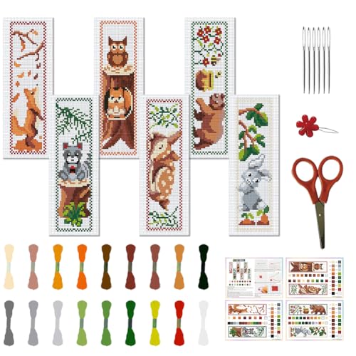 FREEBLOSS 6 Set Kreuzstich Lesezeichen, Gestempeltes Kreuzstich mit Cartoon Waldtier Muster, Cross Stitch Kit mit Anleitung, DIY Lesezeichen Set als Geschenk Für Erwachsene, 6 x 20 cm von FREEBLOSS