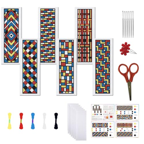 FREEBLOSS 6 Set Kreuzstich Lesezeichen Geometrisches Muster Sticken für Anfänger DIY Kreuzstich Anfänger Set Stick Lesezeichen Für Erwachsene Und Anfänger Mit Klarer Anleitung von FREEBLOSS