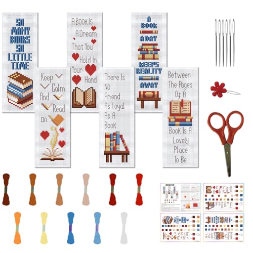 FREEBLOSS 6 Set Kreuzstich Lesezeichen Set, Bücher, Muster Gestempelt, Kreuzstich Sets Für Anfänger, DIY Stickerei Lesezeichen, Stickerei Lesezeichen, Stickset Für Erwachsene, Geschenk, 6x20 cm von FREEBLOSS