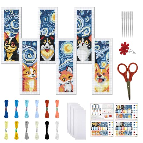 FREEBLOSS 6 Set Kreuzstich Lesezeichen Set Gestempeltes Cross Stitch Kit Tiere Sternennacht Stickset Mit Anleitung Für Erwachsene 6x20cm von FREEBLOSS
