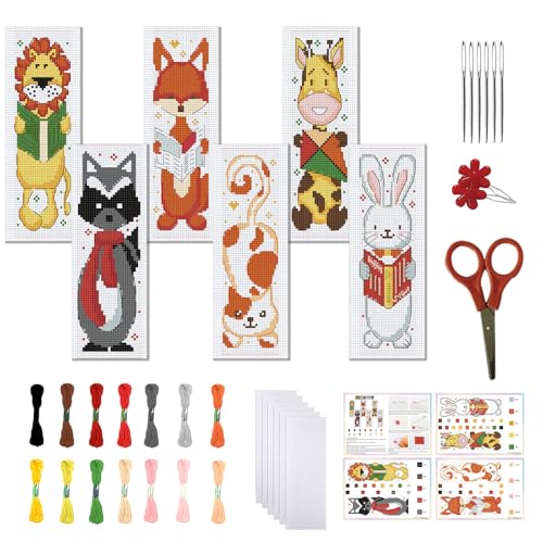 FREEBLOSS 6 Set Kreuzstich Lesezeichen Set Gestempeltes Kreuzstich Für Anfänger Portrait Cartoon Tiere Stickset Mit Anleitung Für Erwachsene 8" x 2.4" von FREEBLOSS