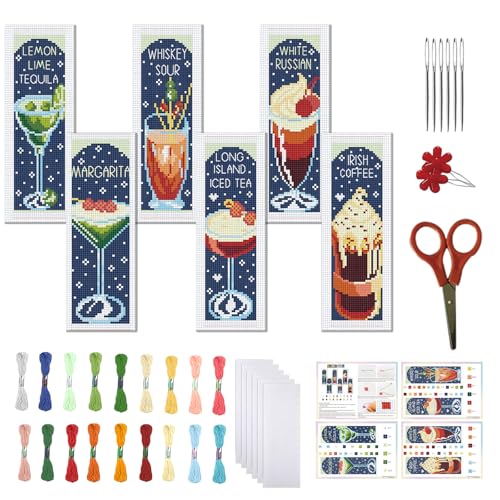 FREEBLOSS 6 Set Kreuzstich Lesezeichen Set Gestempeltes Kreuzstich Für Anfänger Stickset Mit Anleitung Für Erwachsene Cocktail Themenmuster 8" x 2.4" von FREEBLOSS