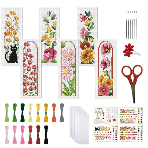 FREEBLOSS 6 Set Kreuzstich Lesezeichen Set Gestempeltes Kreuzstich Rosa Blumen Stickset Mit Anleitung Für Erwachsene 6x20cm von FREEBLOSS