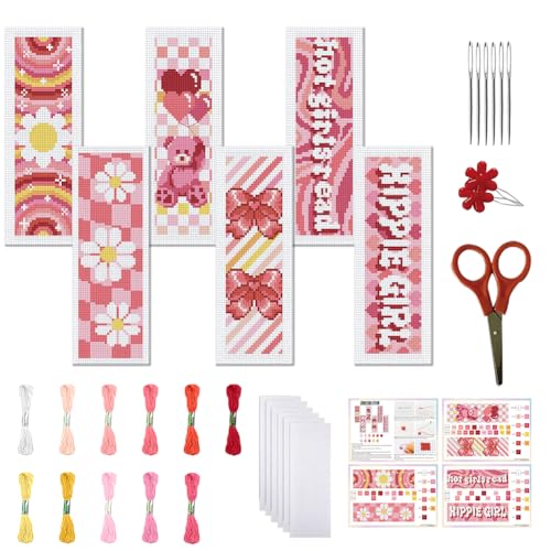 FREEBLOSS 6 Set Kreuzstich Lesezeichen Set Gestempeltes Kreuzstich Rosa Elemente Muster Stickset Mit Anleitung Für Erwachsene 8'' x 2.4'' von FREEBLOSS
