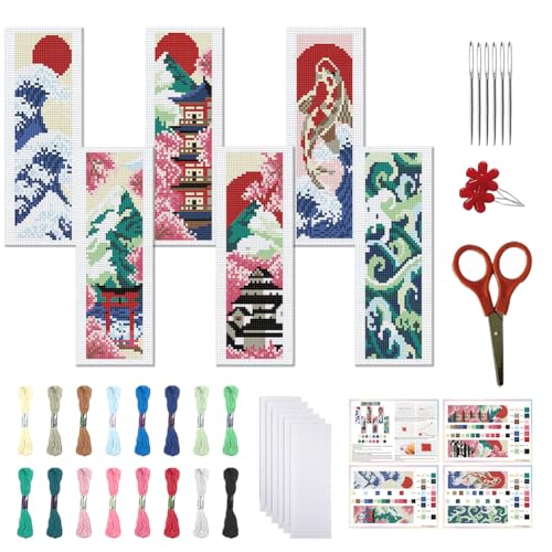 FREEBLOSS 6 Set Kreuzstich Lesezeichen Set Gestempeltes Kreuzstich Set Gestempeltes Stick Lesezeichen Im Japanischen Stil Mit Anleitung Kreuzstich Sets Für Erwachsene DIY Lesezeichen Set 8''X2.4'' von FREEBLOSS