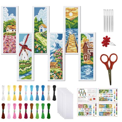 FREEBLOSS 6 Set Kreuzstich Lesezeichen Set Gestempeltes Kreuzstich Set Ländliche Szene Gestempeltes Stick Lesezeichen Mit Anleitung Kreuzstich Sets Für Erwachsene DIY Lesezeichen Set 8''X2.4'' von FREEBLOSS