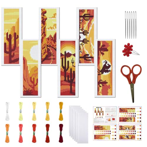 FREEBLOSS 6 Set Kreuzstich Lesezeichen Set Gestempeltes Kreuzstich Set Western Szene Gestempeltes Stick Lesezeichen Mit Anleitung Kreuzstich Sets Für Erwachsene DIY Lesezeichen Set 8''X2.4'' von FREEBLOSS