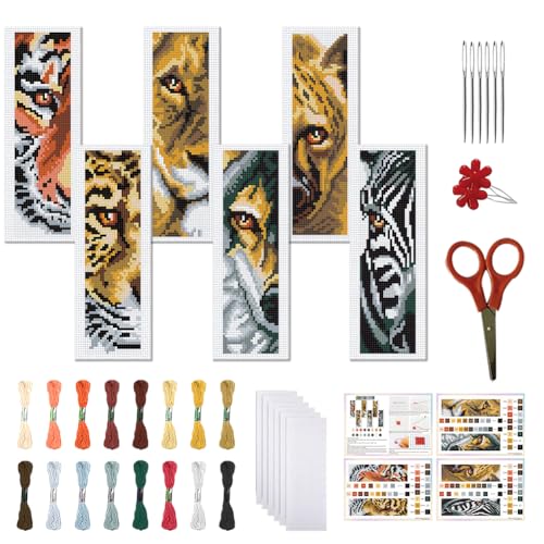 FREEBLOSS 6 Set Kreuzstich Lesezeichen Set Gestempeltes Kreuzstich Set Wildtiere Gestempeltes Stick Lesezeichen Mit Anleitung Kreuzstich Sets Für Erwachsene DIY Lesezeichen Set 8''X2.4'' von FREEBLOSS