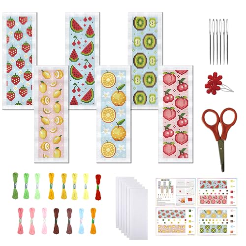 FREEBLOSS 6 Set Kreuzstich Lesezeichen Set Gestempeltes Kreuzstich Stickset Zum Thema „Erfrischende Früchte“ Mit Anleitung Für Erwachsene 8'' x 2.4'' von FREEBLOSS