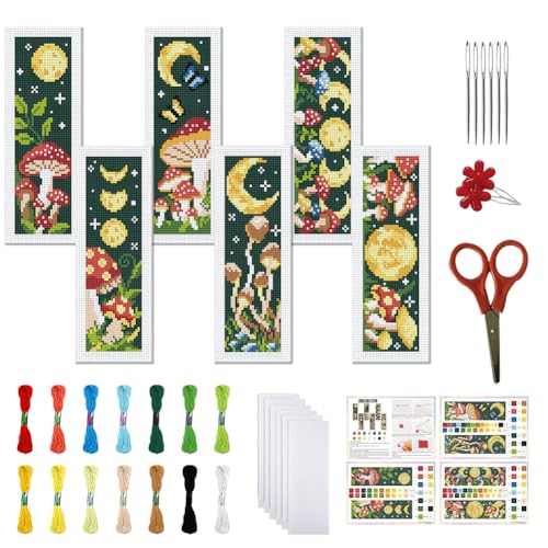 FREEBLOSS 6 Set Kreuzstich Lesezeichen Set Gestempeltes Pilzbusch Stickset Mit Anleitung Für Erwachsene 6x20cm von FREEBLOSS