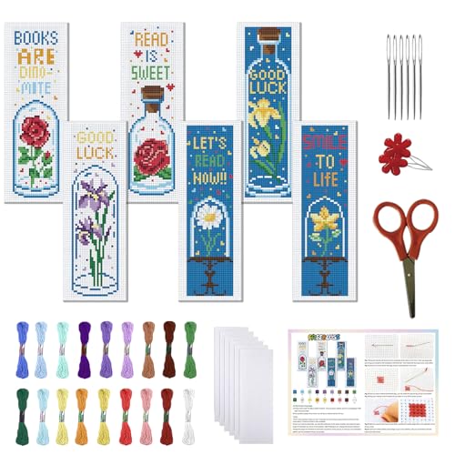 FREEBLOSS 6 Set Kreuzstich Lesezeichen Set Kreuzstich Set „Blüte In Einer Flasche“ Gestempeltes Stick Lesezeichen Mit Anleitung Kreuzstich Sets Für Erwachsene DIY Lesezeichen Set 8.66''X3.15'' von FREEBLOSS