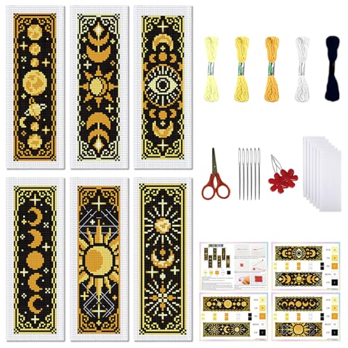FREEBLOSS 6 Set Kreuzstich Lesezeichen Set Sonne Und Mond Gestempelte Stickerei Starter Sets DIY Stickerei Lesezeichen Bedruckte Kreuzstich Sets Für Anfänger 22x6cm /8x2.4'' von FREEBLOSS