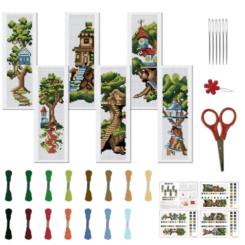 FREEBLOSS 6 Set Kreuzstich Lesezeichen: Baumhaus, Handstickerei, Großes Baummuster, Gestempeltes Set, Stick Starter für Erwachsene, Geschenk, 6 x 20 cm FREEBLOSS 6 Set Kreuzstich Lesezeichen: Baumhaus, Handstickerei, Großes Baummuster, Gestempeltes Set, Stick Starter für Erwachsene, Geschenk, 6 x 20 cm von FREEBLOSS
