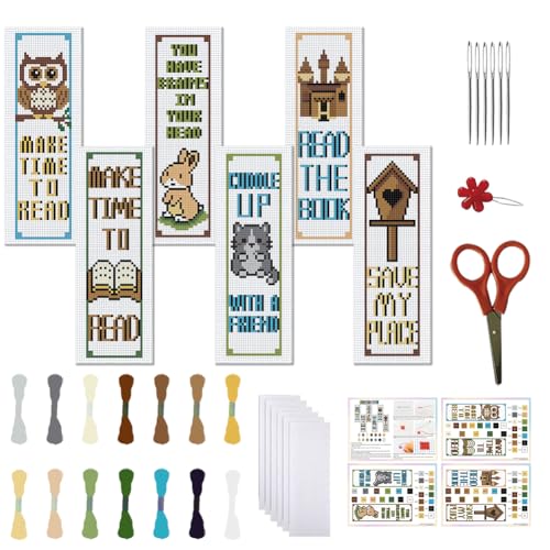 FREEBLOSS 6 Set Kreuzstich Lesezeichen Sets Cartoon Tiere Und Wörter Design Cross Stitch Set für Anfänger Gezähltes Stickerei Lesezeichen Komplettes Kreuzstich Stickset für Frauen 6x20cm von FREEBLOSS