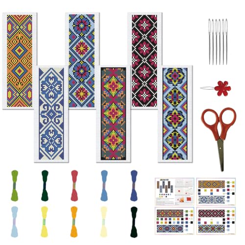 FREEBLOSS 6 Set Kreuzstich Lesezeichen Sets, Handstick Set Für Anfänger, Traditionelle Dekorative Muster, Lesezeichen Sticken Kreuzstich, Komplettes Kreuzstich Stickset für Frauen 6x20cm von FREEBLOSS