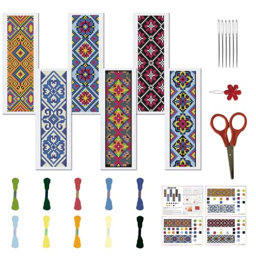 FREEBLOSS 6 Set Kreuzstich Lesezeichen Sets, Handstick Set Für Anfänger, Traditionelle Dekorative Muster, Gezähltes Kreuzstich Set, Komplettes Kreuzstich Stickset Für Frauen, Hobby, 22 x 8 cm von FREEBLOSS