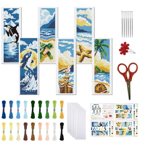 FREEBLOSS 6 Set Kreuzstich Lesezeichen Sets Für Anfänger Ozean Thema Gestempeltes Kreuzstich Set DIY Stickerei Lesezeichen Mit Anleitung 8'' x 2.4'' von FREEBLOSS