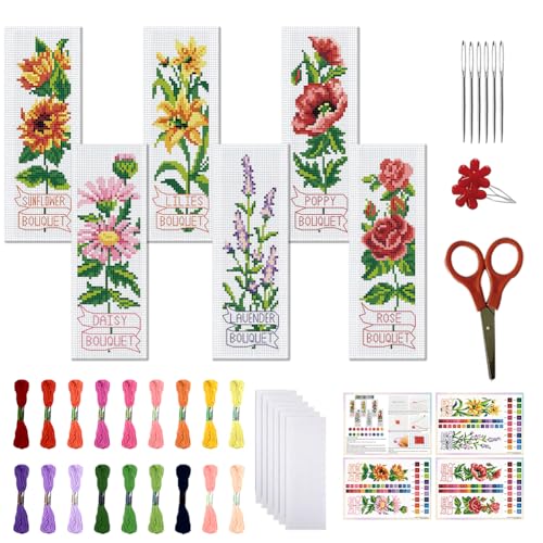 FREEBLOSS 6 Set Kreuzstich Lesezeichen Sets Optische Täuschungen Muster Gestempeltes Stickset Stich Lesezeichen DIY Lesezeichen Bedruckte Kreuzstich Sets Mit Anleitung Für Anfänger Und Erwachsene von FREEBLOSS