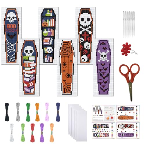 FREEBLOSS 6 Set Kreuzstich Lesezeichen Sets Sarg Bücherregal Muster Gestempeltes Kreuzstich Set Halloween Thema Stickset Mit Anleitung Für Anfänger 20x6cm /8x2.4 Zoll von FREEBLOSS