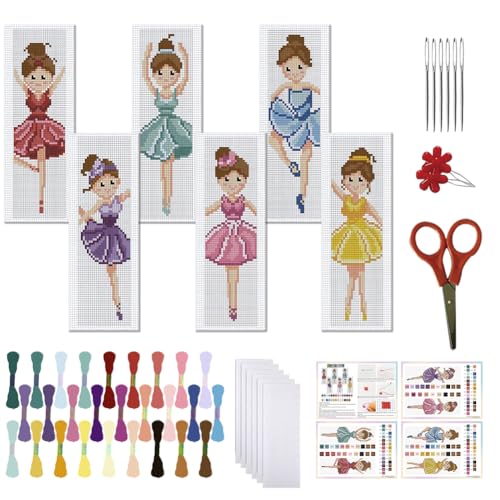 FREEBLOSS 6 Set Lesezeichen Kreuzstich Kits Kreuzstich Set Stickbilder Kreuzstich Ballerina Muster Lesezeichen Sticken Stickset Für Anfänger von FREEBLOSS