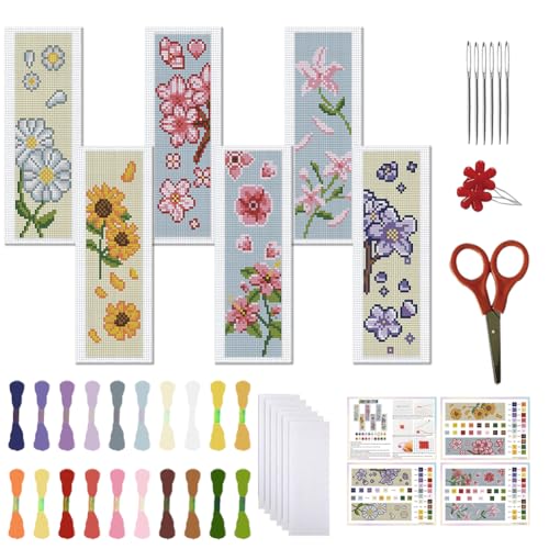 FREEBLOSS 6 Set Lesezeichen Kreuzstich Kits Kreuzstich Set Stickbilder Kreuzstich Blumenstraußmuster Lesezeichen Sticken Stickset Für Anfänger von FREEBLOSS