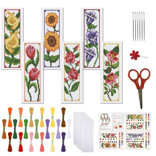 FREEBLOSS 6 Set Lesezeichen Kreuzstich Sets, Stich Lesezeichen Kreuzstich Sets Mit Anleitung, 6 Blumenmuster Stanznadel Set Für Anfänger, Lesezeichen Herstellungsset als Geschenk von FREEBLOSS