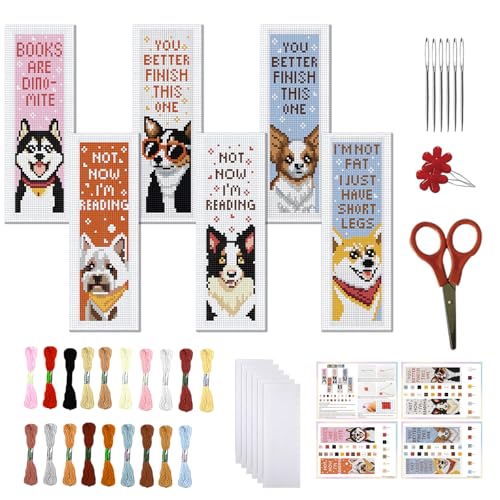 FREEBLOSS 6 Set Mit Kreuzstich Lesezeichen Sets Mit Welpen Stempel Kreuzstich Set Stick Lesezeichen Set Für Erwachsene Und Anfänger Mit Filz Stickgarn Auf Der Rückseite Für Buchliebhaber 8x2.4'' von FREEBLOSS