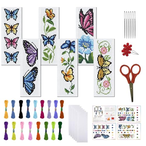 FREEBLOSS 6 Set Schmetterlings Kreuzstich Lesezeichen Set Gestempeltes Kreuzstich Set Gestempeltes Stick Lesezeichen Mit Anleitung (Evtl. Nicht In Deutscher Sprache) Kreuzstich Sets 8.66''X3.14'' von FREEBLOSS