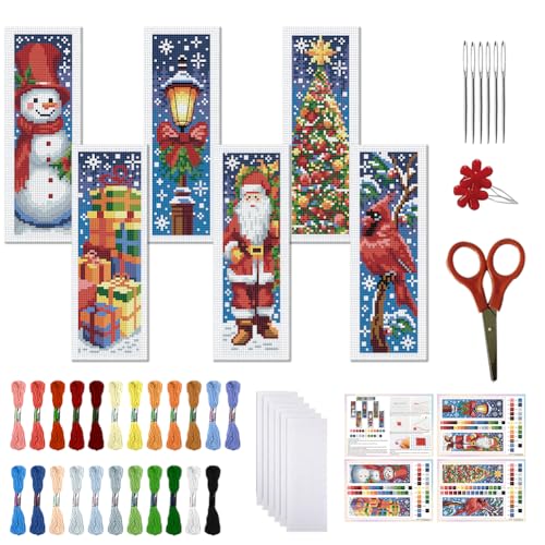 FREEBLOSS 6 Set Weihnachts Kreuzstich Lesezeichen Set Für Erwachsene Und Anfänger Schneemann Weihnachtsmann Gestempeltes Kreuzstich Set Lesezeichen Stickset Mit Anleitung als Geschenk 11CT 8"X2.4" von FREEBLOSS