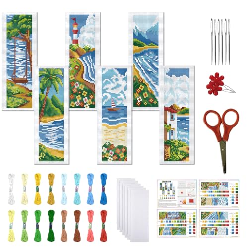 FREEBLOSS 6 Set von Coast Stamped Cross Stitch Bookmark Kits Kreuzstich Set Stick Lesezeichen Set Für Erwachsene Und Anfänger Mit Filz Stickgarn Auf Der Rückseite Für Buchliebhaber 8x2.4'' von FREEBLOSS
