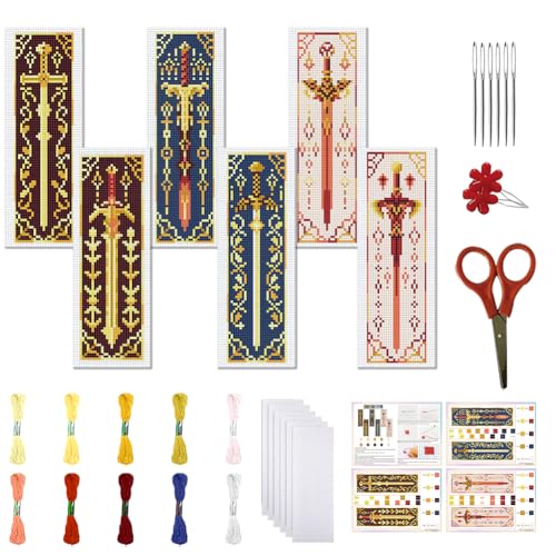 FREEBLOSS 6 Stück Kreuzstich Lesezeichen Set Für Anfänger Gestempeltes Kreuzstich Set DIY Stickerei Lesezeichen Mit Anleitung Schwertmuster 8" x 2.4" von FREEBLOSS