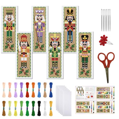 FREEBLOSS 6-teiliges Weihnachts-Lesezeichen-Set für Erwachsene, Anfänger, Nussknacker-Muster, geprägtes Stickerei-Lesezeichen-Set mit Anleitung (evtl. nicht in deutscher Sprache), DIY-Lesezeichen-Sets von FREEBLOSS
