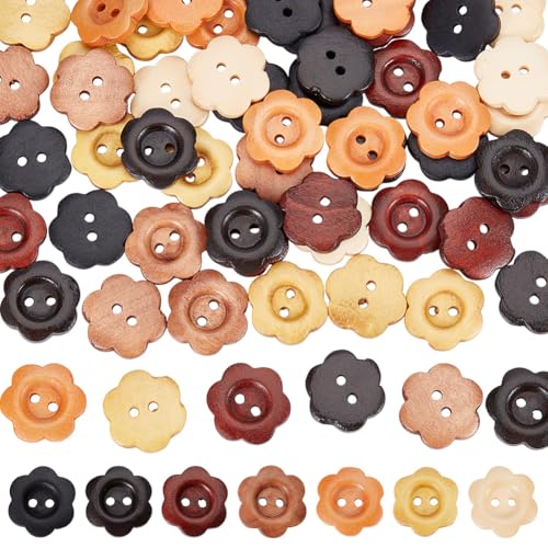 FREEBLOSS 70 Stück sortierte Blumen-Holzknöpfe in verschiedenen Farben, dekorative Häkelknöpfe für Bastelarbeiten, Ornamente, Nähen von FREEBLOSS