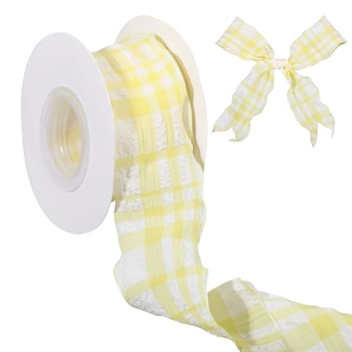 FREEBLOSS 9,1 m kariertes Band, Stoff mit gelbem Gingham-Muster, für Geschenkverpackungen, Karten, Ballon-Dekoration, Ostern, Basteln, 4,9 cm breit von FREEBLOSS